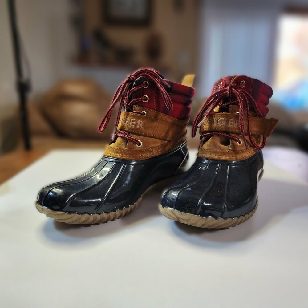 Women's Tommy Hilfiger Leather & Rubber Boots Rain Duck Lined Ankle Blue S8m